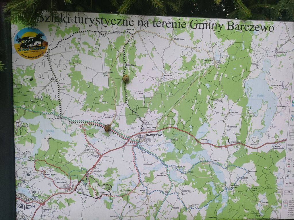 Mapa Warmii i Mazur szlaki turystyczne gminy Barczewo