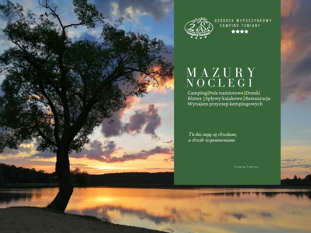 Piękny zachód słońca nad jeziorem i nowoczesny camping Mazury.