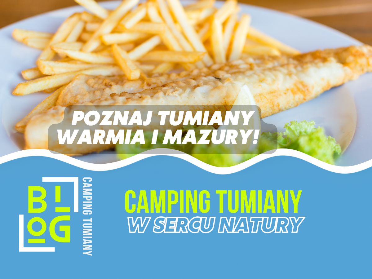 Danie rybne w restauracji Warmia Olsztyn na tle reklamy campingu Tumiany.
