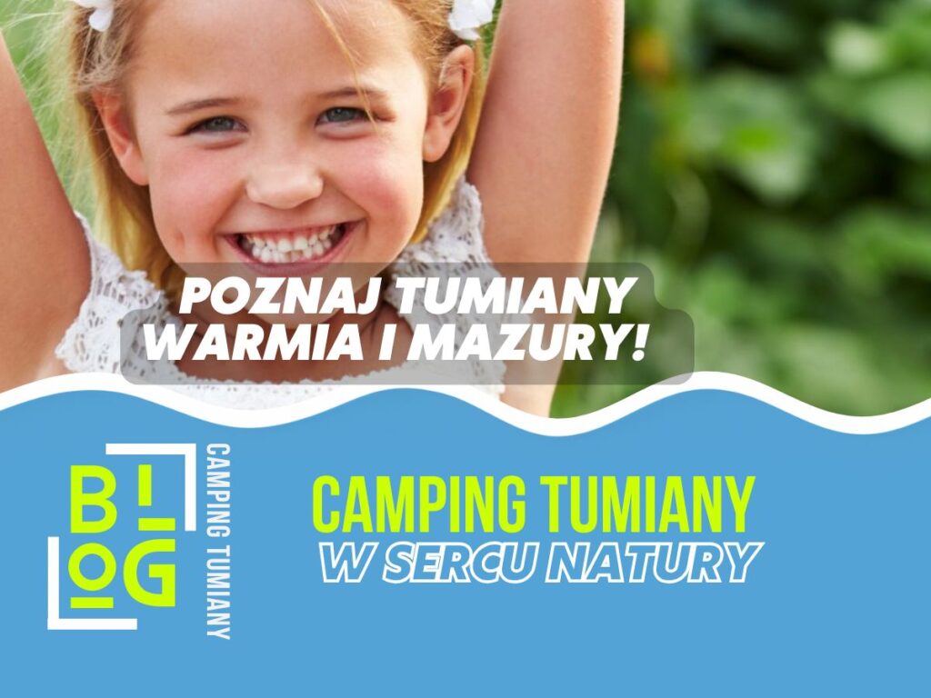 Uśmiechnięta dziewczynka na zielonym tle promuje miejsce idealne na komunię nad jeziorem.