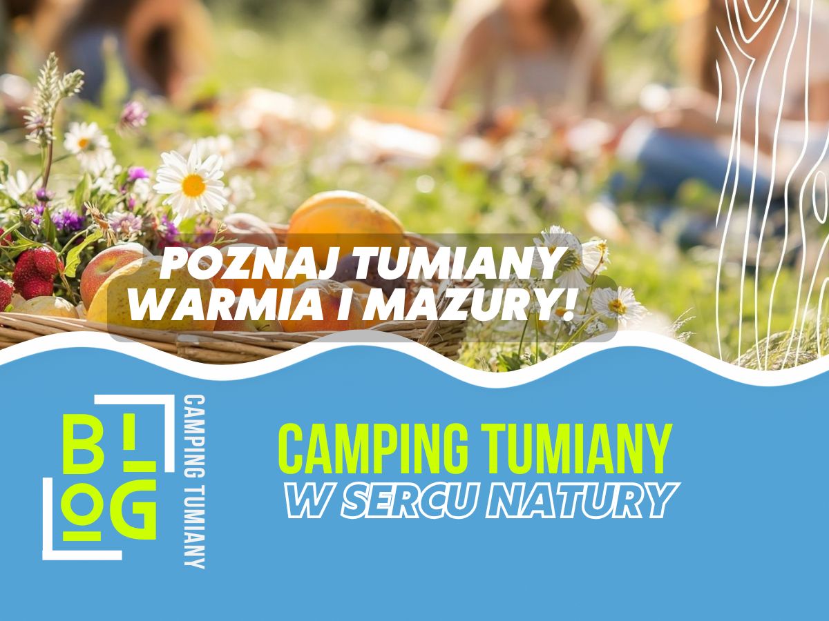 Piknik na trawie z owocami i kwiatami promuje zieloną szkołę dla klas 1-3 w malowniczej okolicy Warmii i Mazur.