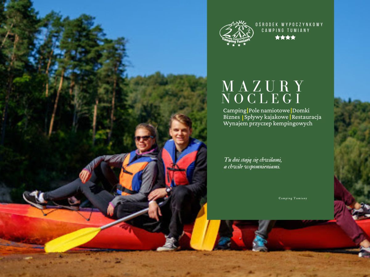 Para przygotowuje się do rozpoczęcia spływu kajakowego na Mazurach.