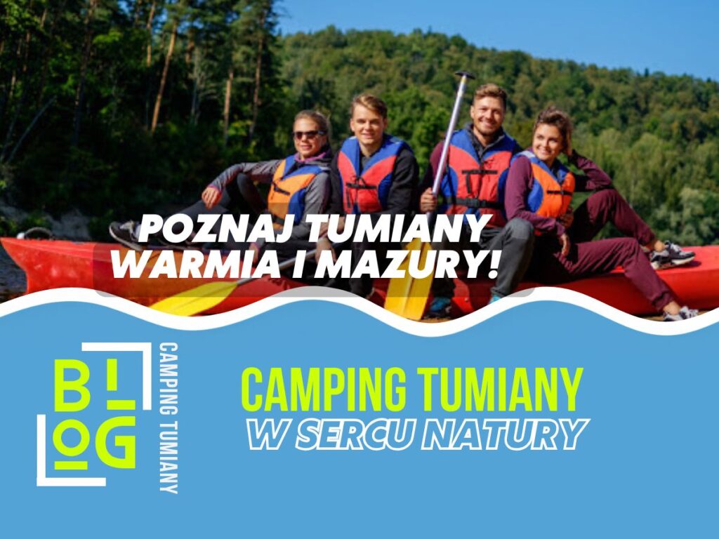 Grupa ludzi w kajaku na tle lasu promuje spływ kajakowy Mazury.