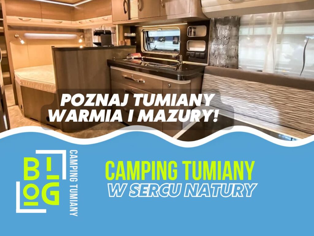 Wnętrze przyczepy kempingowej dostępnej na wynajem na Mazurach.