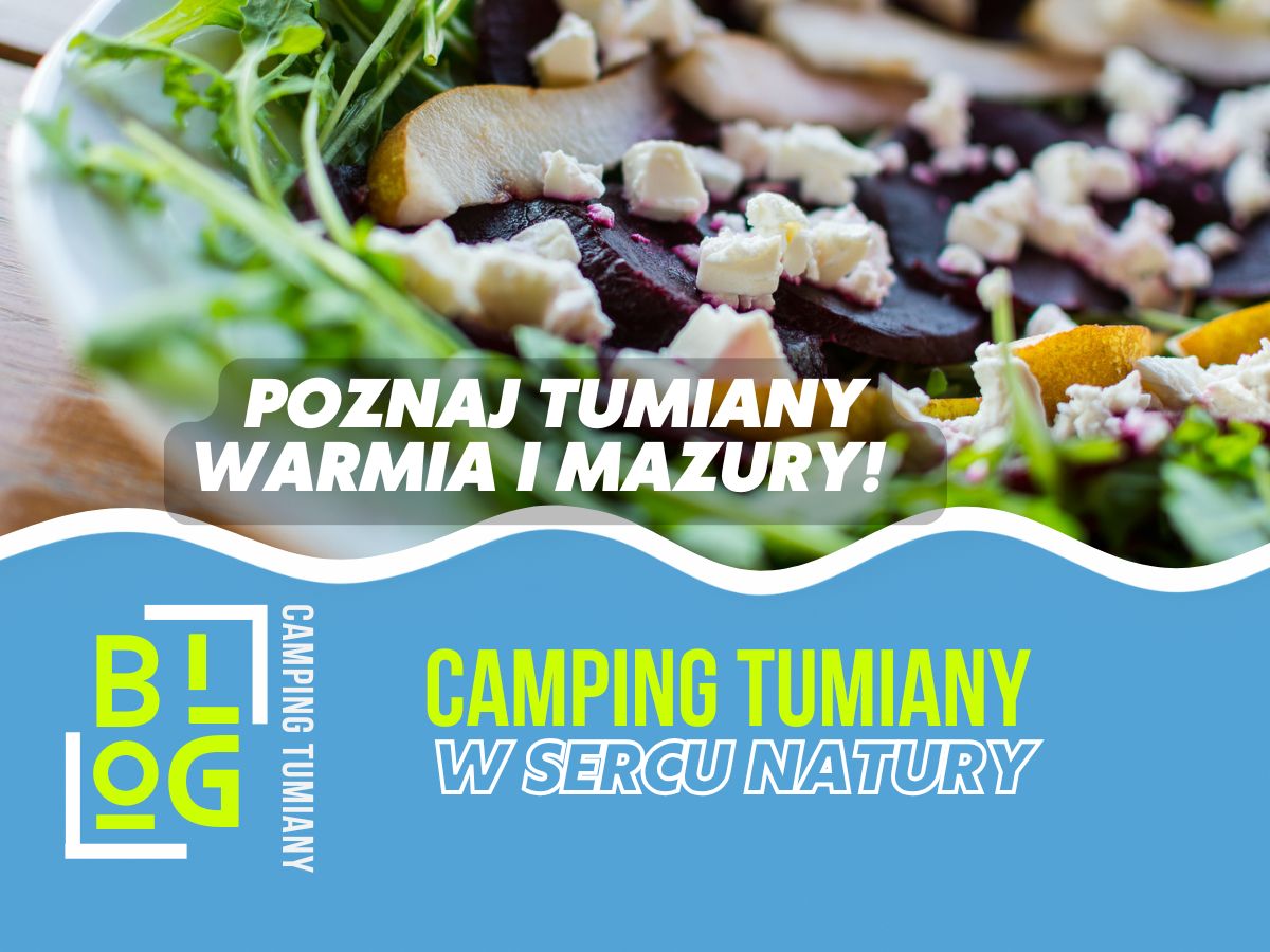 Sałatka z buraków i serem w tle promująca regiony Warmii i Mazur oraz restauracja Olsztyn.