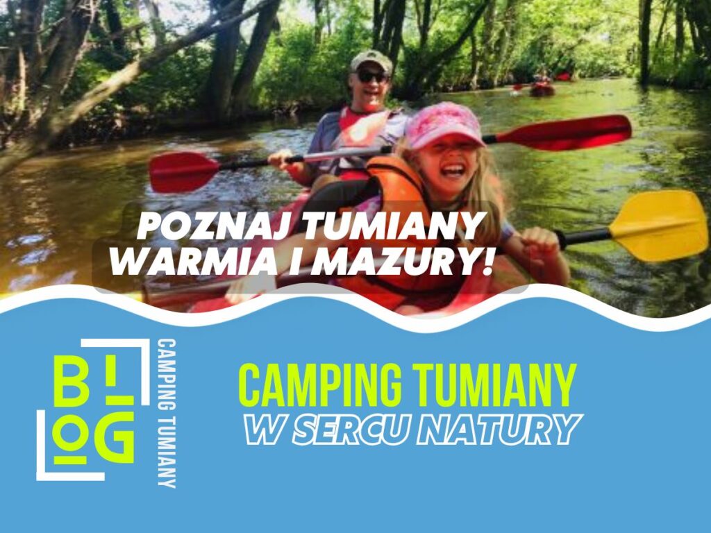 Rodzina podczas spływu kajakowego Olsztyn na rzece w otoczeniu zieleni.