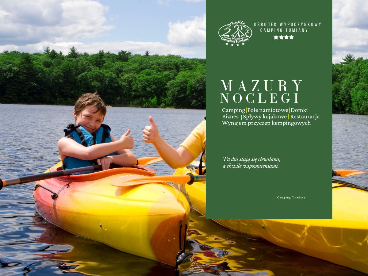 Dzieci w kajakach na jeziorze - atrakcje dla dzieci Warmia i Mazury.