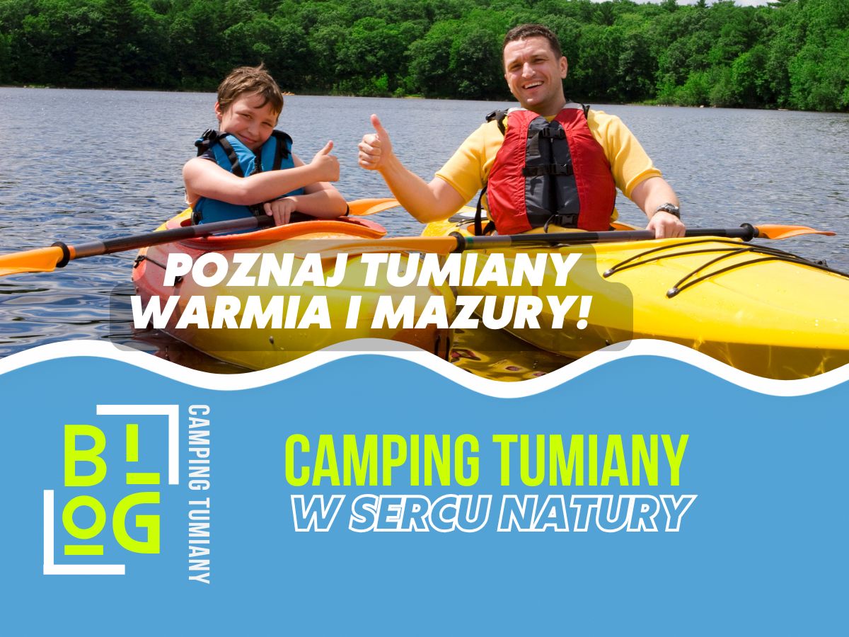 Dwóch ludzi na kajaku na jeziorze, atrakcje dla dzieci Warmia i Mazury.