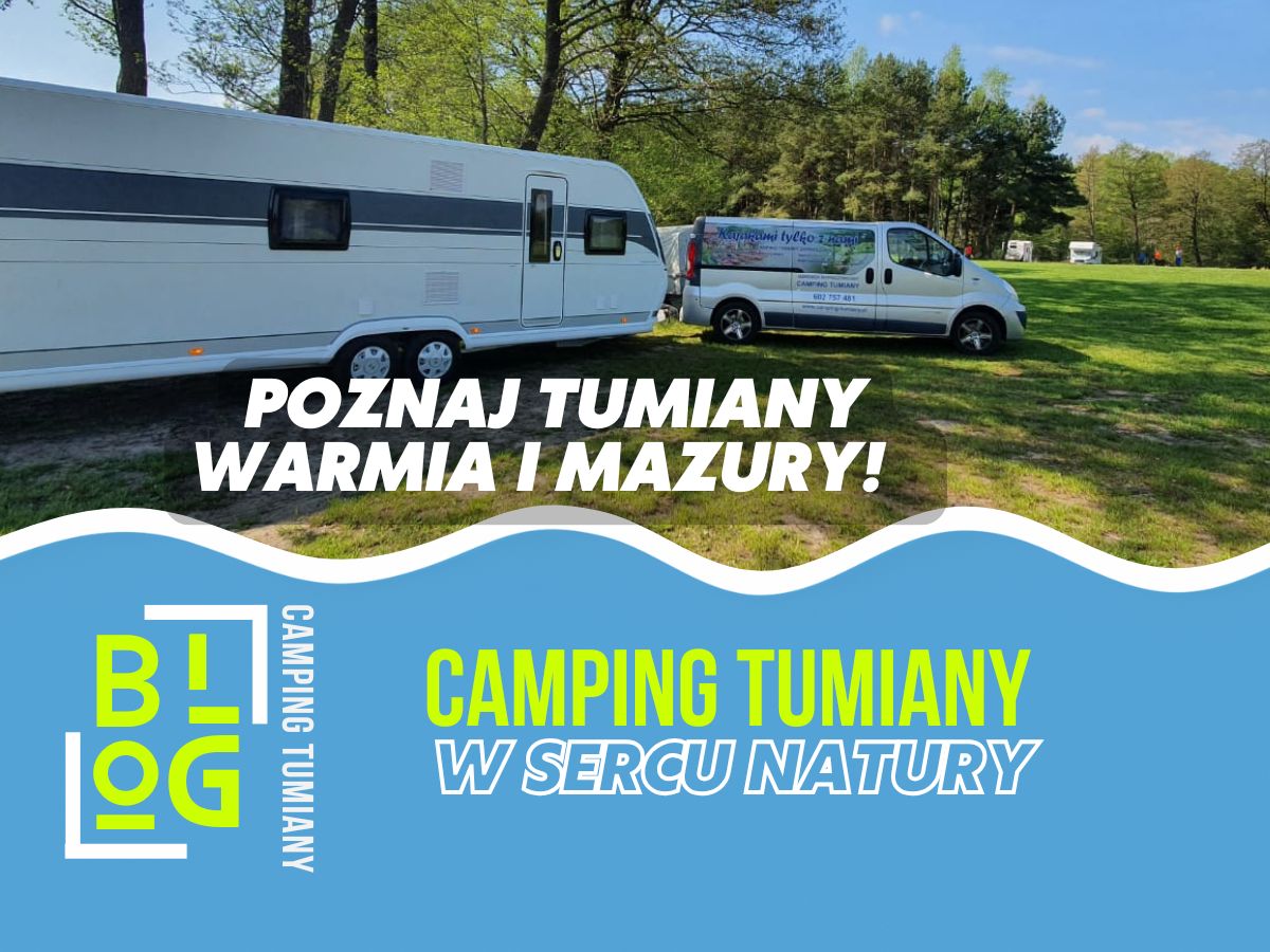 Wynajem przyczepy kempingowej na tle zielonej polany w Tuminach, Warmia i Mazury.