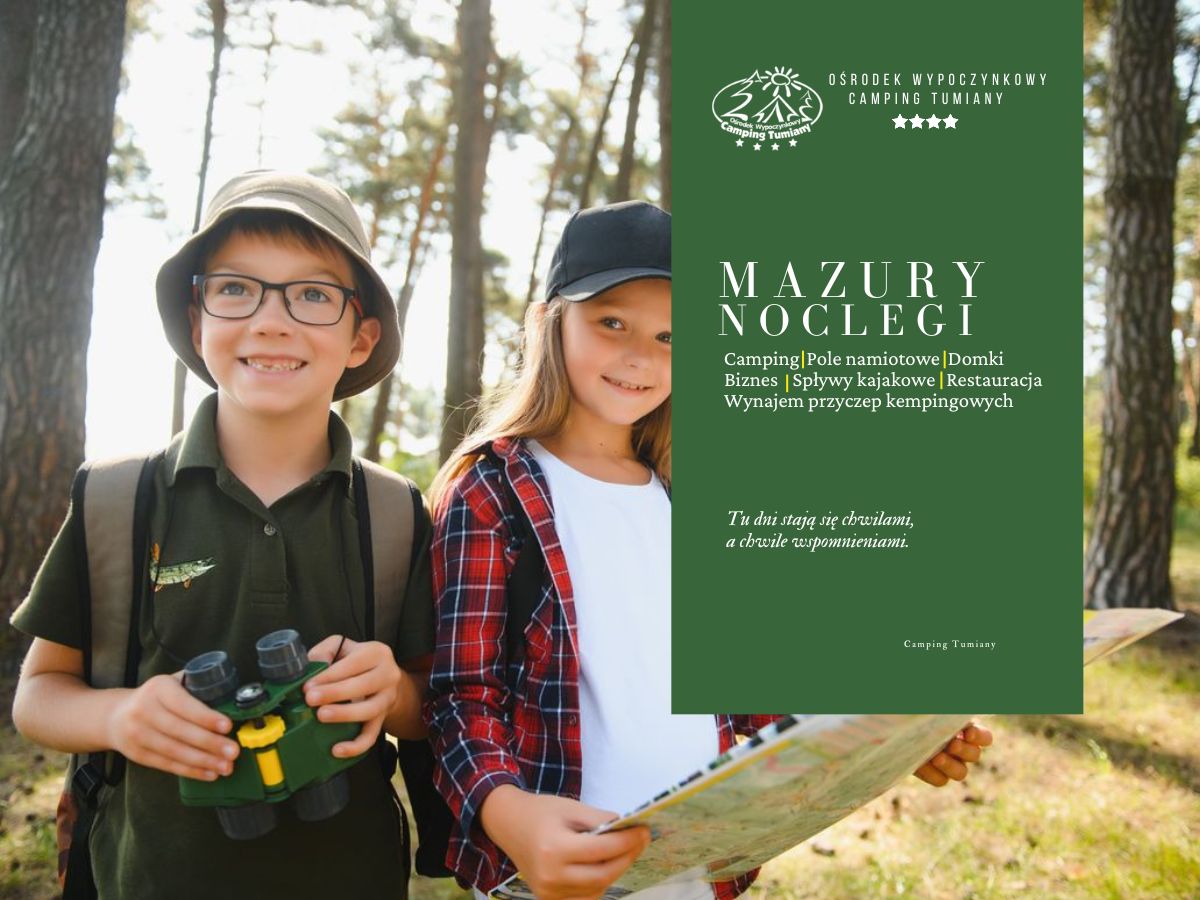 Dzieci uczestniczą w zielonej szkole nad jeziorem, eksplorując naturę z mapą i lornetką.