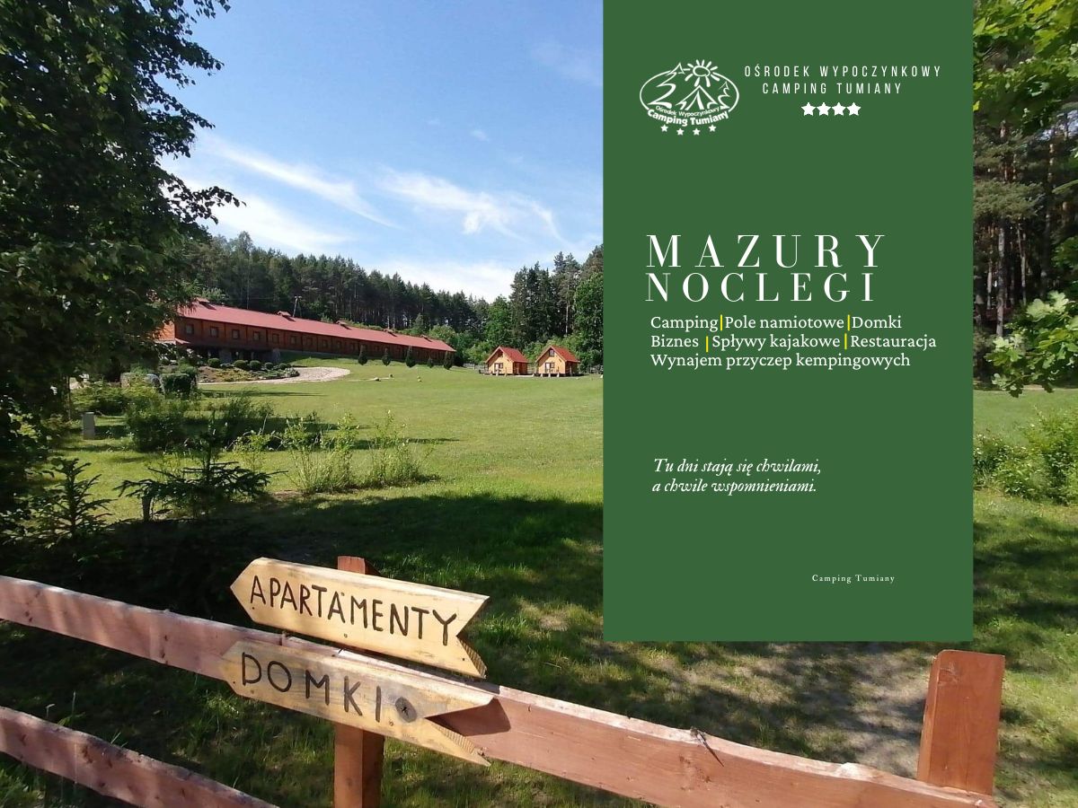 Na zdjęciu widoczne są domki Mazury w otoczeniu zieleni i lasu.
