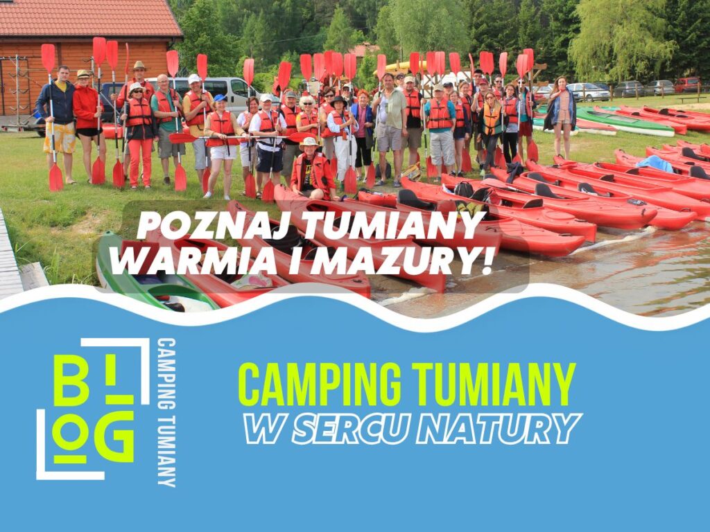 Grupa ludzi podczas spływu kajakowego, doskonałe miejsce na imprezy integracyjne Olsztyn.