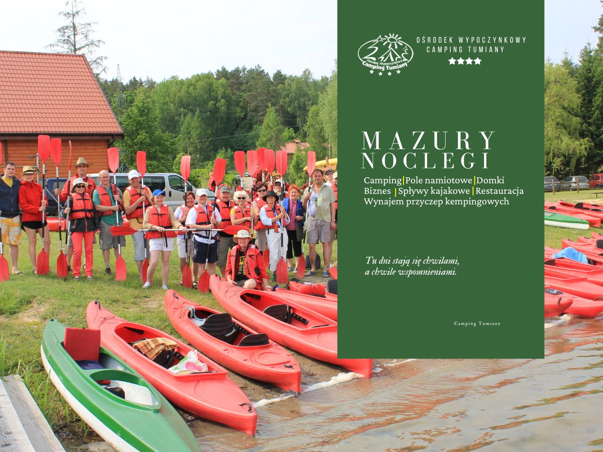 Grupa osób stoi przy kajakach na brzegu jeziora, gotowa na imprezy integracyjne Olsztyn.