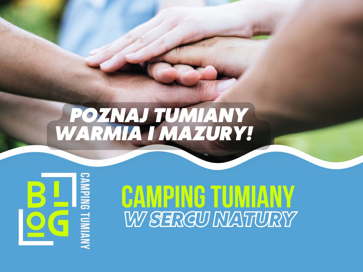 Grupa ludzi łączy dłonie, promując imprezy integracyjne Warmia i Mazury w sercu natury.