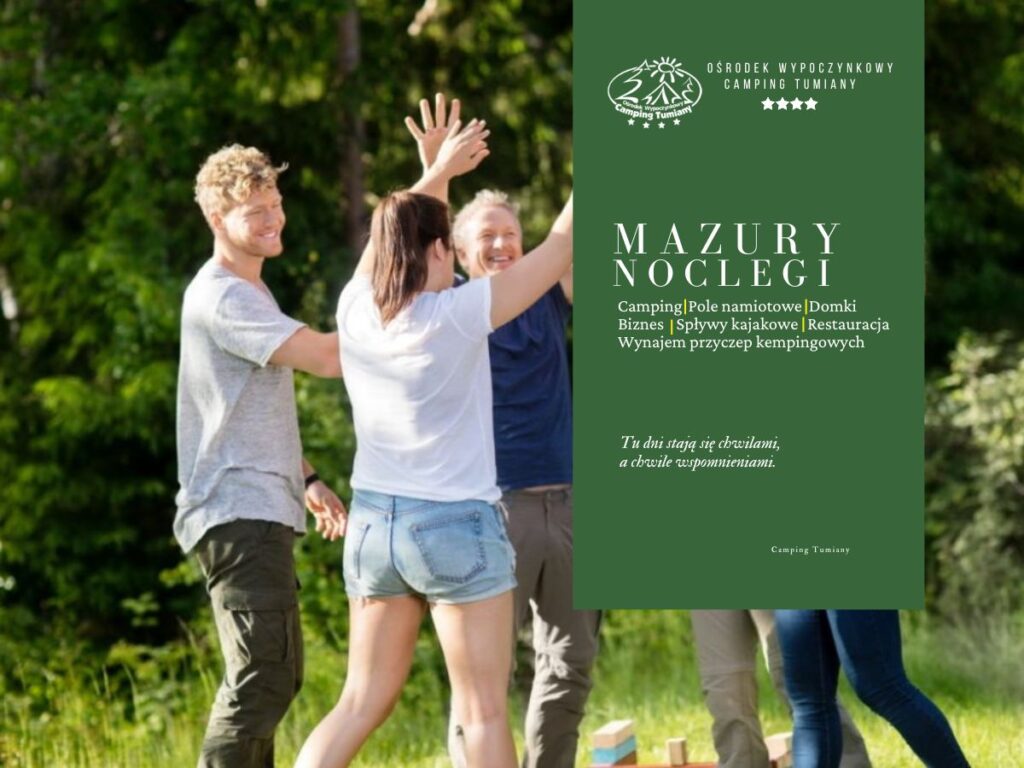 Grupa przyjaciół na świeżym powietrzu, idealne miejsce na wypoczynek oferuje restauracja Olsztyn.