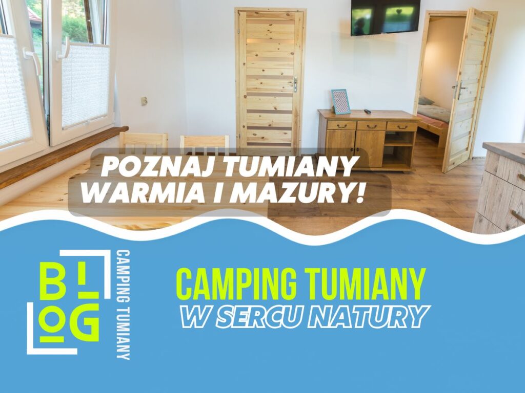 Reset na Mazurach w domkach nad jeziorem: termin maj–czerwiec lub wrzesień, min. 5 nocy, plan 3-3-3; Tumiany, 25 km od Olsztyna, 3–3,5 h z Warszawy.