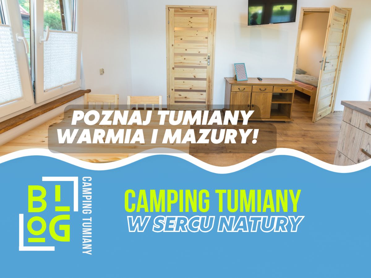 Reset na Mazurach w domkach nad jeziorem: termin maj–czerwiec lub wrzesień, min. 5 nocy, plan 3-3-3; Tumiany, 25 km od Olsztyna, 3–3,5 h z Warszawy.