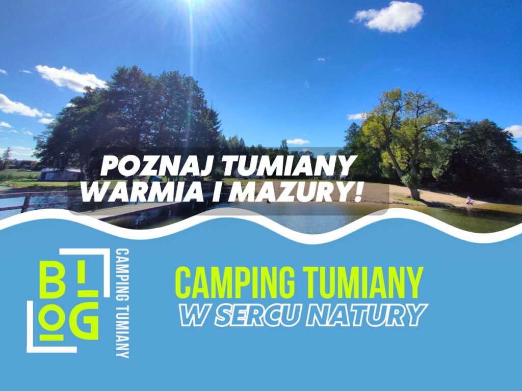 Grafika Campingu Tumiany ze zdjęciem plaży, pomostu i drzew nad jeziorem.